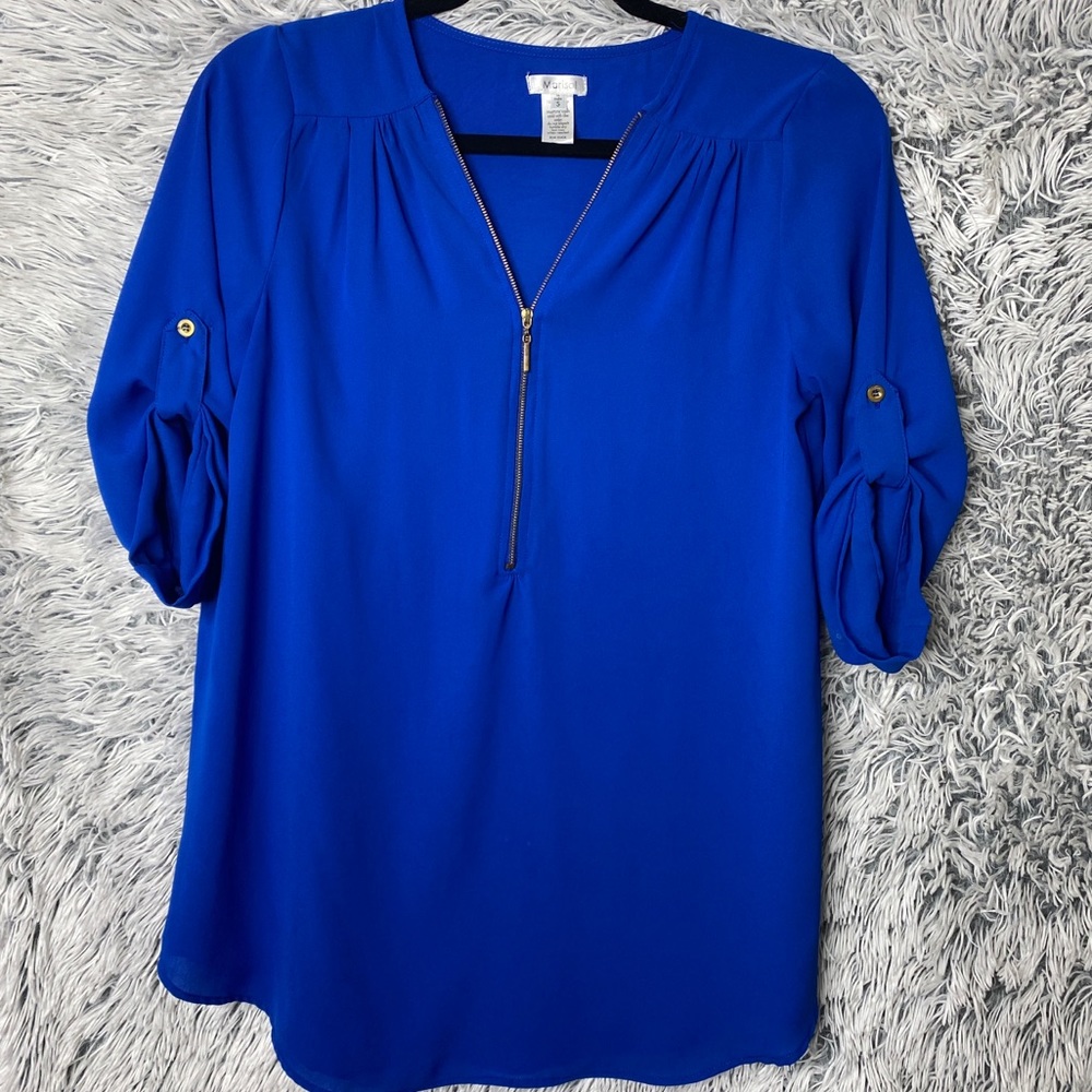 Marisol Blue Flowy Zipper Chest Blouse Small